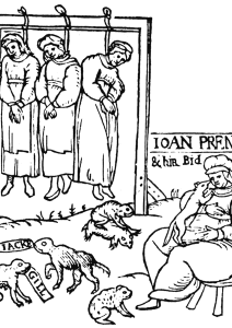 The public hanging of the three Chelmsford witches Joan Prentice, Joan Cony and Joan Upney. From an English pamphlet, 1598.
