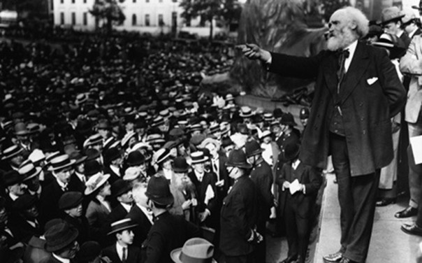 Anti-war politician Kier Hardie addresses a protest in Trafalgar Square (Sunday August 2nd 1914)