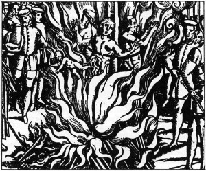 Three women burnt alive in Guernsey. Anonymous 16th century engraving. Three women burnt alive in Guernsey. Anonymous 16th century engraving.