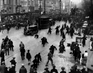 Police baton charge unemployed workers march on Old Market Street, February 23rd 1932.
