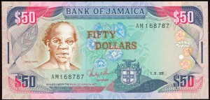 'Rt. Excellent Samuel Sharpe, National Hero' on the Bank of Jamaica $50 note. Sharpe was an educated town slave who became the leader of the 1831 Jamaica uprising.