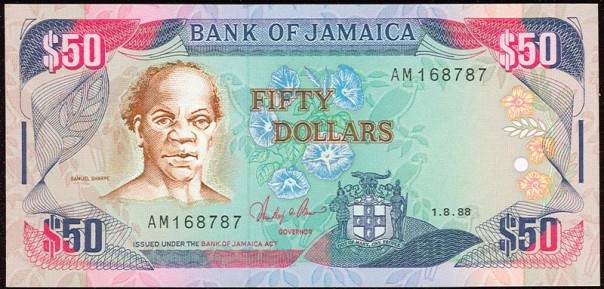 Sam Sharp 'Rt. Excellent Samuel Sharpe, National Hero' on the Bank of Jamaica $50 note. Sharpe was an educated town slave who became the leader of the 1831 Jamaica uprising.