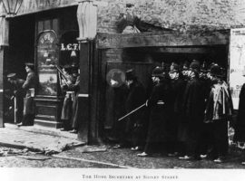 Winston Churchill (highlighted) at Sidney Street, 3 January 1911