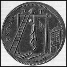 Trade token produced by Thomas Spence showing William Pitt on the gallows (c. 1800) Trade token produced by Thomas Spence showing William Pitt on the gallows (c. 1800)