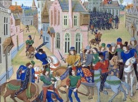 Richard II watches Wat Tyler's death and addresses the peasants in the background: taken from the Gruuthuse manuscript of Froissart's Chroniques (c. 1475). Wat Tyler was the leader of the English Peasants revolt, 1381. 