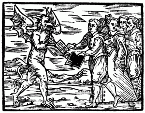 Scorcerers exchanging the bible for a book of black magic.