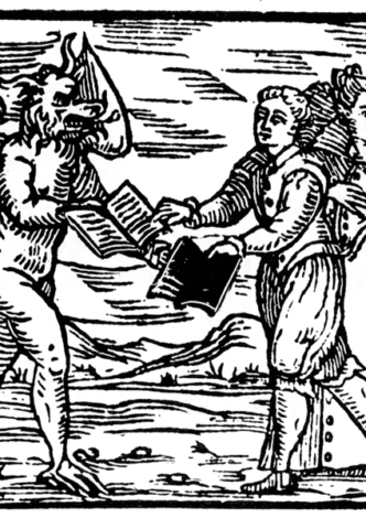 Scorcerers exchanging the bible for a book of black magic.