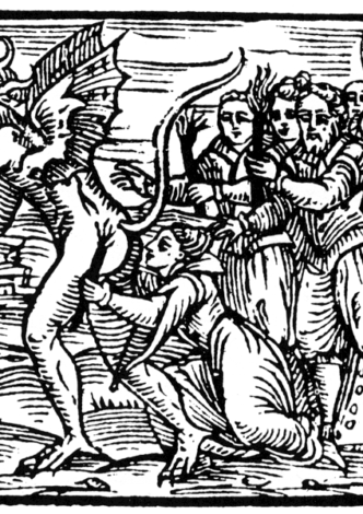 Witch giving the ritual kiss to satan.
