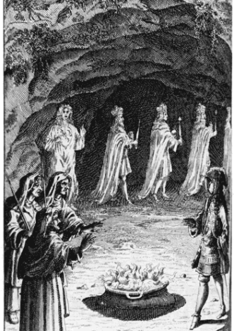 Macbeth and the three witches (Act IV, Scene I). From N. Rowe's first illustrated edition of william Shakespear's works. Printed by Tonson, London 1709.