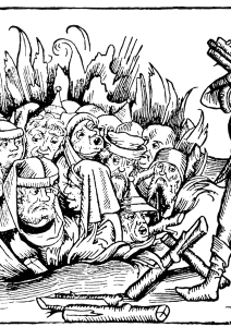 Protestants and jews accused by the inquisition heresy and witchcraft. From a contemporary woodcut. Nuremberg, 1493.