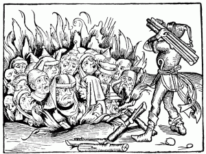 Protestants and jews accused by the inquisition heresy and witchcraft. From a contemporary woodcut. Nuremberg, 1493.