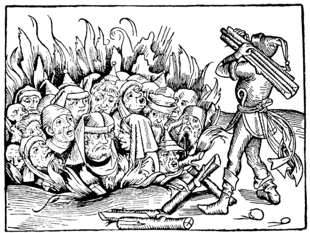 Protestants and jews accused by the inquisition heresy and witchcraft. From a contemporary woodcut. Nuremberg, 1493.