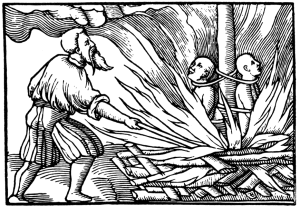 Two dominican monks burned at the stake by order of the inquisition for allegedly signing pacts with the devil. From the Histoire Véritable de Quatre lacopins. Geneva ,1549.