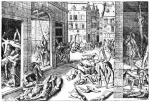 The torture of the inhabitants of Antwerp by Spanish troops under Fernando Alvarez de Toledo, Duke of Alba, after the conquest of the city in 1756.