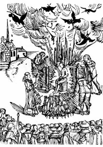 The public burning of Farther Urban Grandier for signing a pact with the devil. From a contemporary drawing. Loudun, 1634.