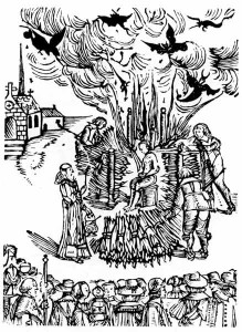 The public burning of Farther Urban Grandier for signing a pact with the devil. From a contemporary drawing. Loudun, 1634.