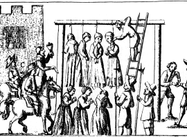 Public hanging of witches. From Sir George Macenzie's Law and Customs in Scotland in Matters Criminal. Edinburgh, 1678.