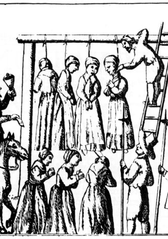Public hanging of witches. From Sir George Macenzie's Law and Customs in Scotland in Matters Criminal. Edinburgh, 1678.