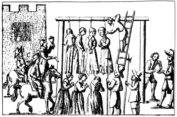 Public hanging of witches. From Sir George Macenzie's Law and Customs in Scotland in Matters Criminal. Edinburgh, 1678.