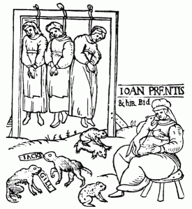 The public hanging of the three Chelmsford witches Joan Prentice, Joan Cony and Joan Upney. From an English pamphlet, 1598.
