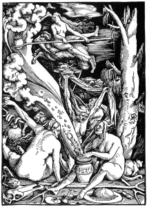 Witches concocting an ointment to be used for flying to the sabbath. By Hans Baldung. Strassburg, 1514.