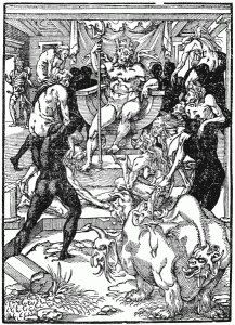 Satan (Pluto) holding court for newly annointed witches. From Gerard d'Euphrates' Livre de l' histoir & ancienne cronique. Printed by E. Groulleau. Paris 1549.