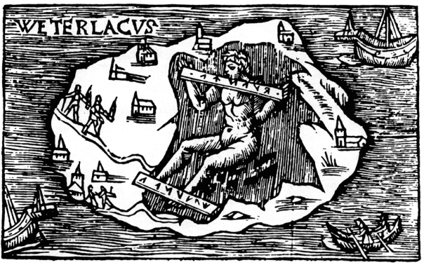 The sorcerer Gilbert shackled by the worlock Catillum on the isle of Weterlacus.