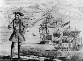 Captain Bartholomew and eleven captured merchant vessels off the coast of West Africa. From Captain Charles Johnson's A General History of the Robberies and Murders of the Most Notorious Pyrates, 1724.
