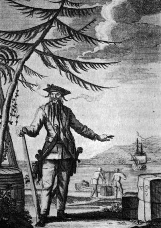 Edward Teach a.k.a Blackbeard; Captain Charles Johnson's A General History of the Lives and Adventures of the Most Famous Highwaymen, Murderes, Street Robbers &c., 1734.