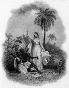 Grateful slaves receive the "gift" of emancipation from Britannia. 1838.