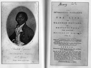 The frontispiece and title pages of the first London (1789) and New York (1791) editions of The Interesting Narrative by Olaudah Equiano.
