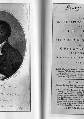 The frontispiece and title pages of the first London (1789) and New York (1791) editions of The Interesting Narrative by Olaudah Equiano.