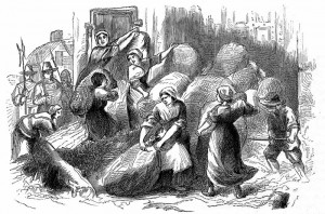 Widow Kelly* and others barricading the Frome Gate Against Prince Ruppert at the Siege of Bristol 1643. From Bristol Past and Present Vol III by J. F. Nicholls and John Taylor 1882.