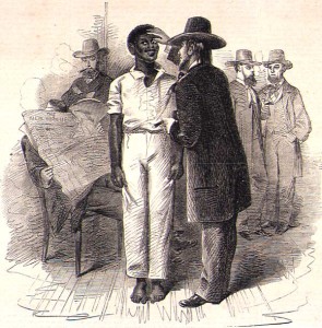 "Dealers inspecting a Negro at a slave auction in Virginia", 1861