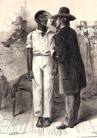 "Dealers inspecting a Negro at a slave auction in Virginia", 1861