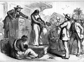 An imagined picture of a slave auction used as propaganda before the American Civil War.