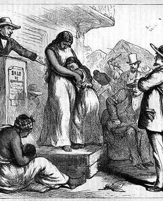 An imagined picture of a slave auction used as propaganda before the American Civil War.