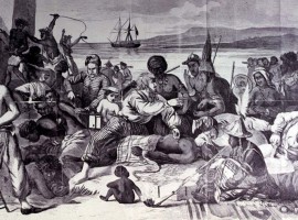 Slave Market on the Kambia River, Coast of Africa. A woodcut from an oil painting from 1840.