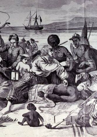 Slave Market on the Kambia River, Coast of Africa. A woodcut from an oil painting from 1840.
