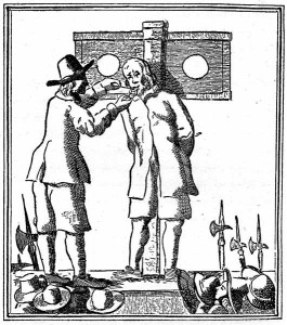 James Nayler having his tongue bored From Bristol Past and Present Vol III by J. F. Nicholls and John Taylor 1882.