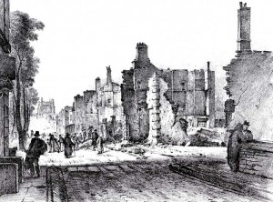 North side of Queen Square Bristol the morning after the Dreadful Conflagration, 1831, J. B. Pyne Queen Square North Side In Ruins