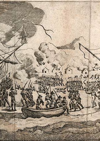 Warships in the bay, buildings burning and general chaos on shore, as the French military are chased from Saint Domingue, 1820.