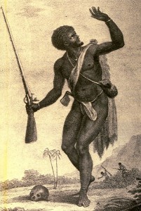 A slave rebel from 'Narrative of a Five Years' Expedition, against the revolted Negroes of Surinam (between French Guiana and Guyana). from the year 1772, to 1777, by John Gabriel Stedman.