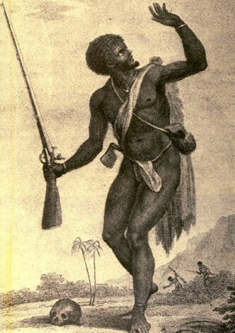 A slave rebel from 'Narrative of a Five Years' Expedition, against the revolted Negroes of Surinam (between French Guiana and Guyana). from the year 1772, to 1777, by John Gabriel Stedman.