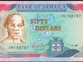 'Rt. Excellent Samuel Sharpe, National Hero' on the Bank of Jamaica $50 note. Sharpe was an educated town slave who became the leader of the 1831 Jamaica uprising.