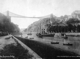 Clifton Suspension Bridge with a steam tug towing a steamer.