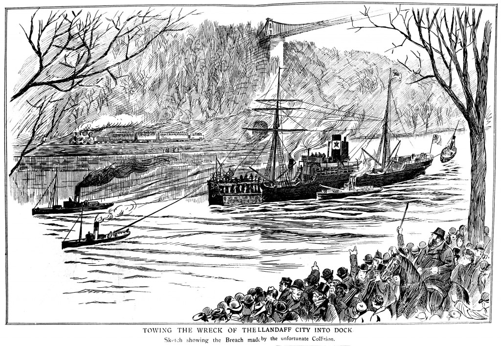 Towing the wreck of the Llandaff City into dock.