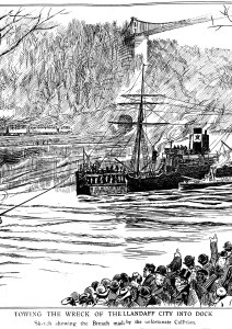 Towing the wreck og the Llandaff City into dock.