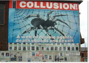 Republican mural drawing attention to the complex web of organisations involved in the counter-insurgency campaign in Northern Ireland
