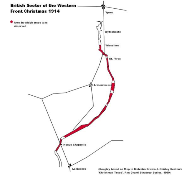 Map showing the British sector of the Western Front in December 2014, with areas where fraternisation between opposing sides occurred shown in red fill.